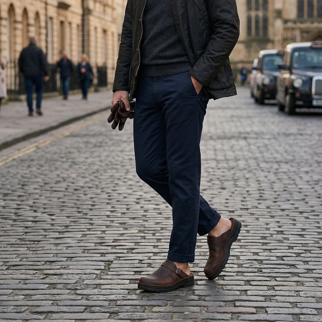 Man draagt bruine vegan leren clogs met marineblauwe broek op straat | Boutique Moda