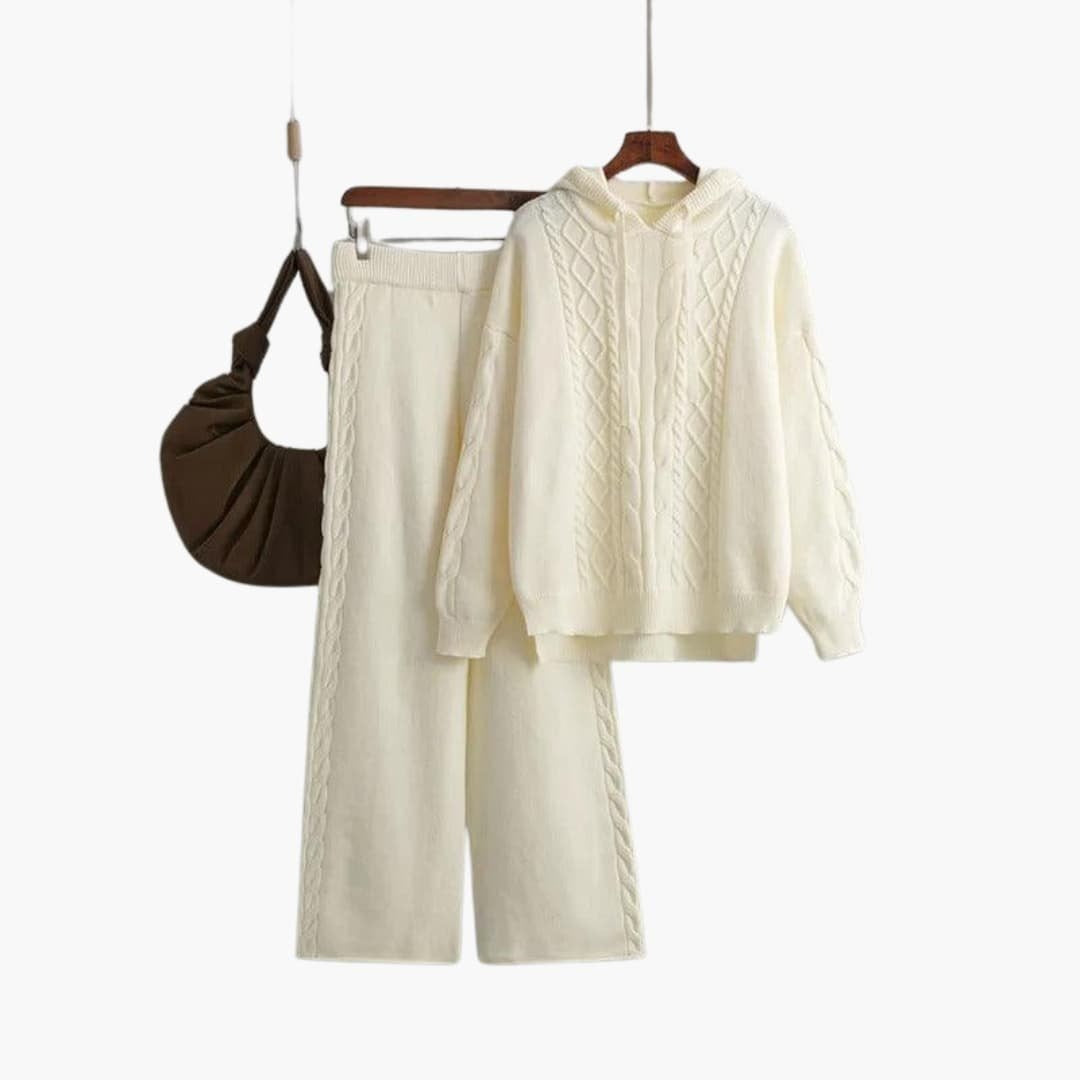 Gebreide co-ord set dames in crème met hoodie en wijde broek