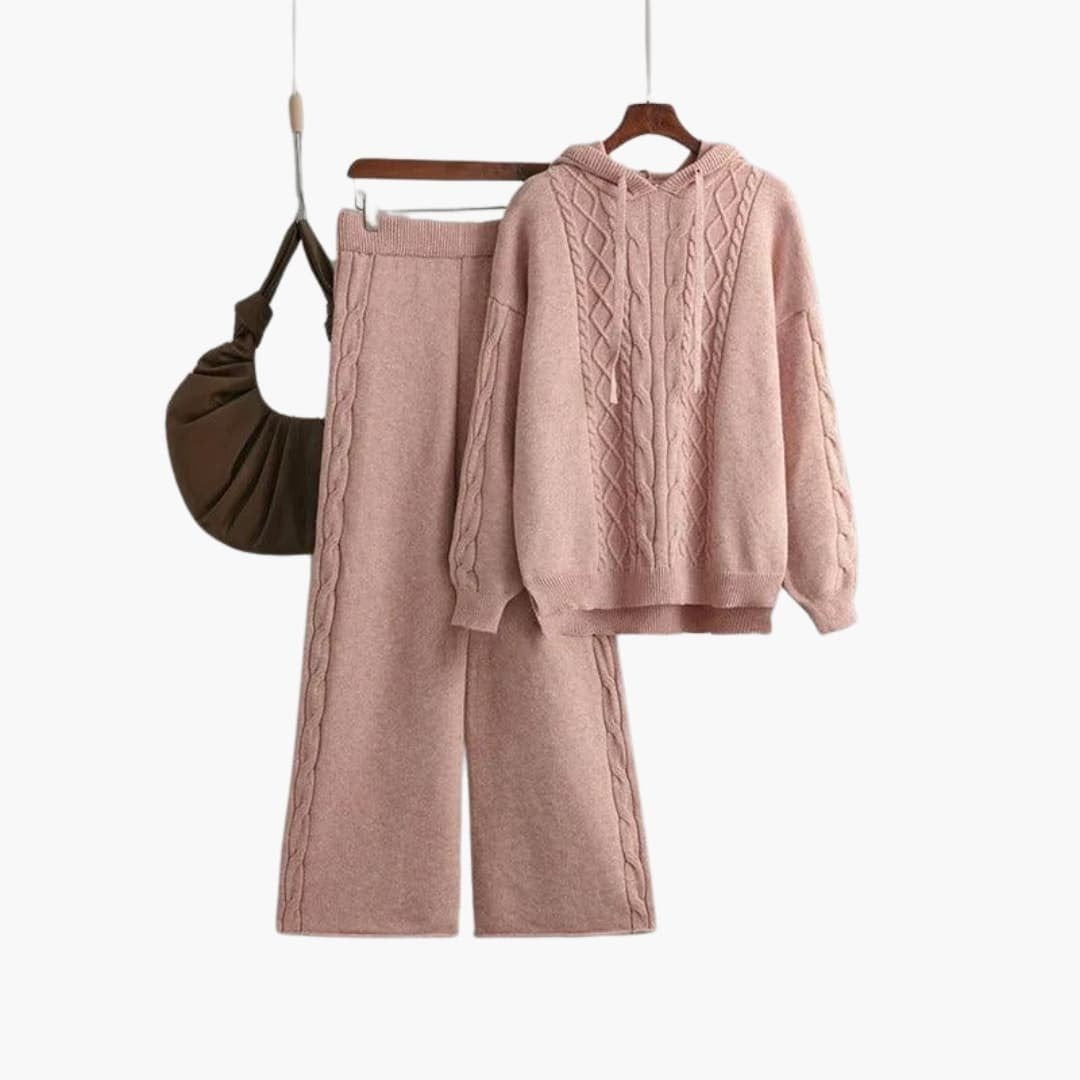 Gebreide co-ord set dames in roze met hoodie en wijde broek