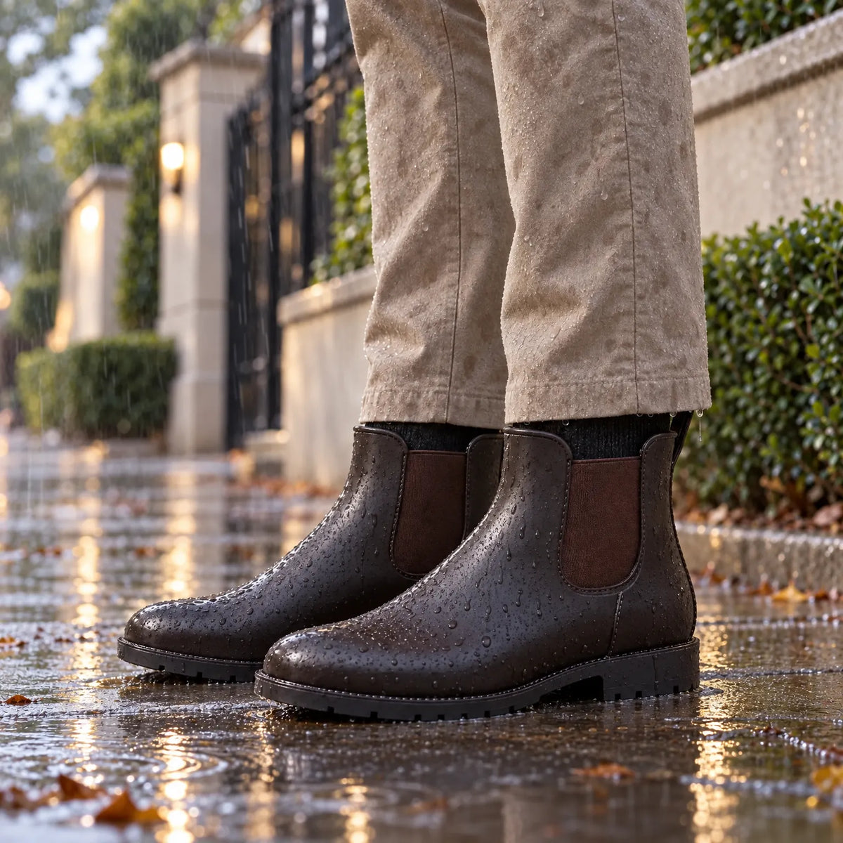 Bruine Chelsea-regenlaarzen met een beige broek op een natte stoep