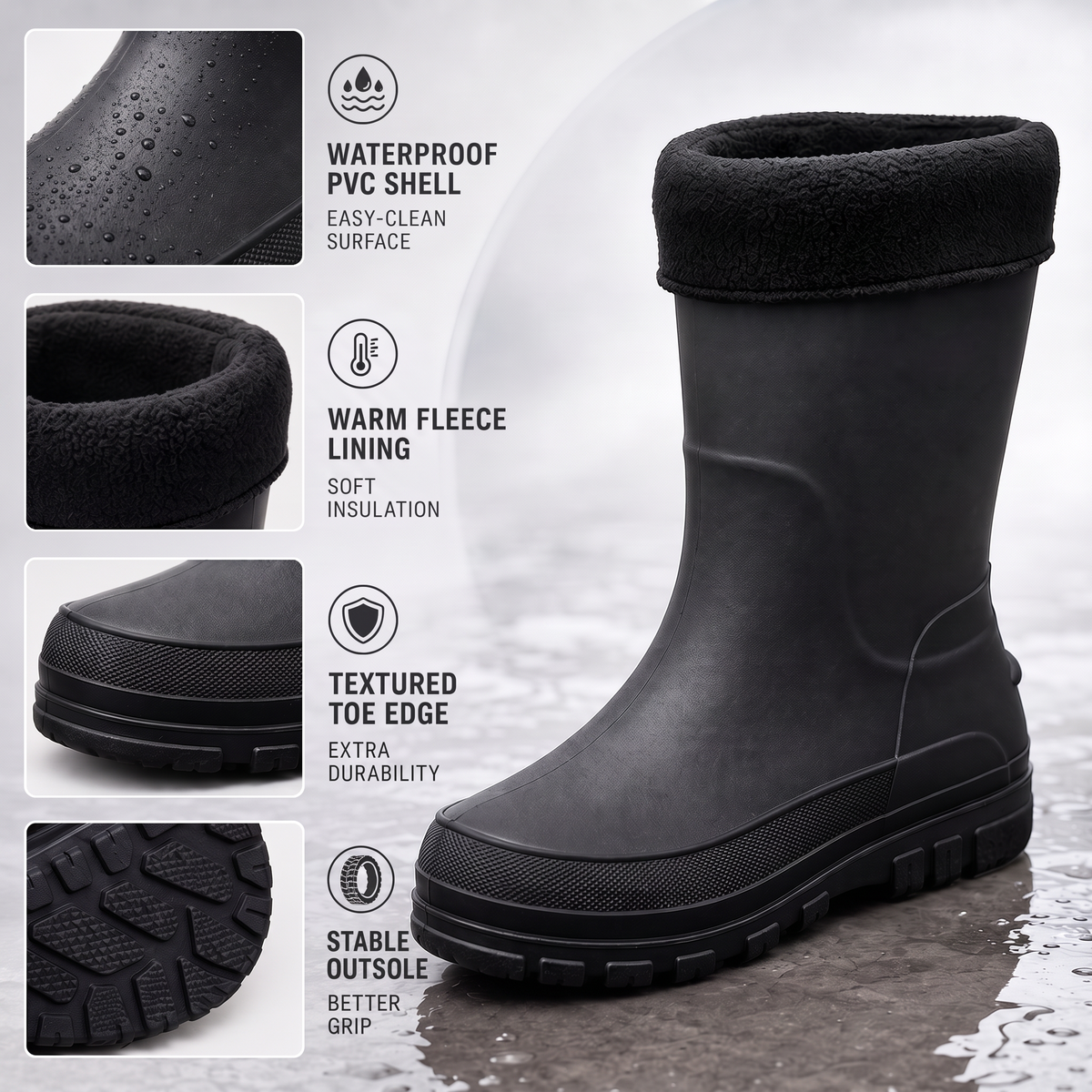 Zwarte regenlaars met details van zool, voering en schacht getoond | Boutique Moda