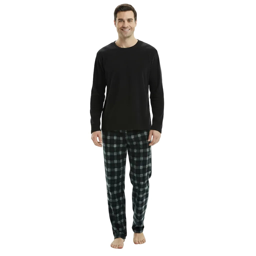 Fleece Pyjama Heren met Geruite Broek | Zwart