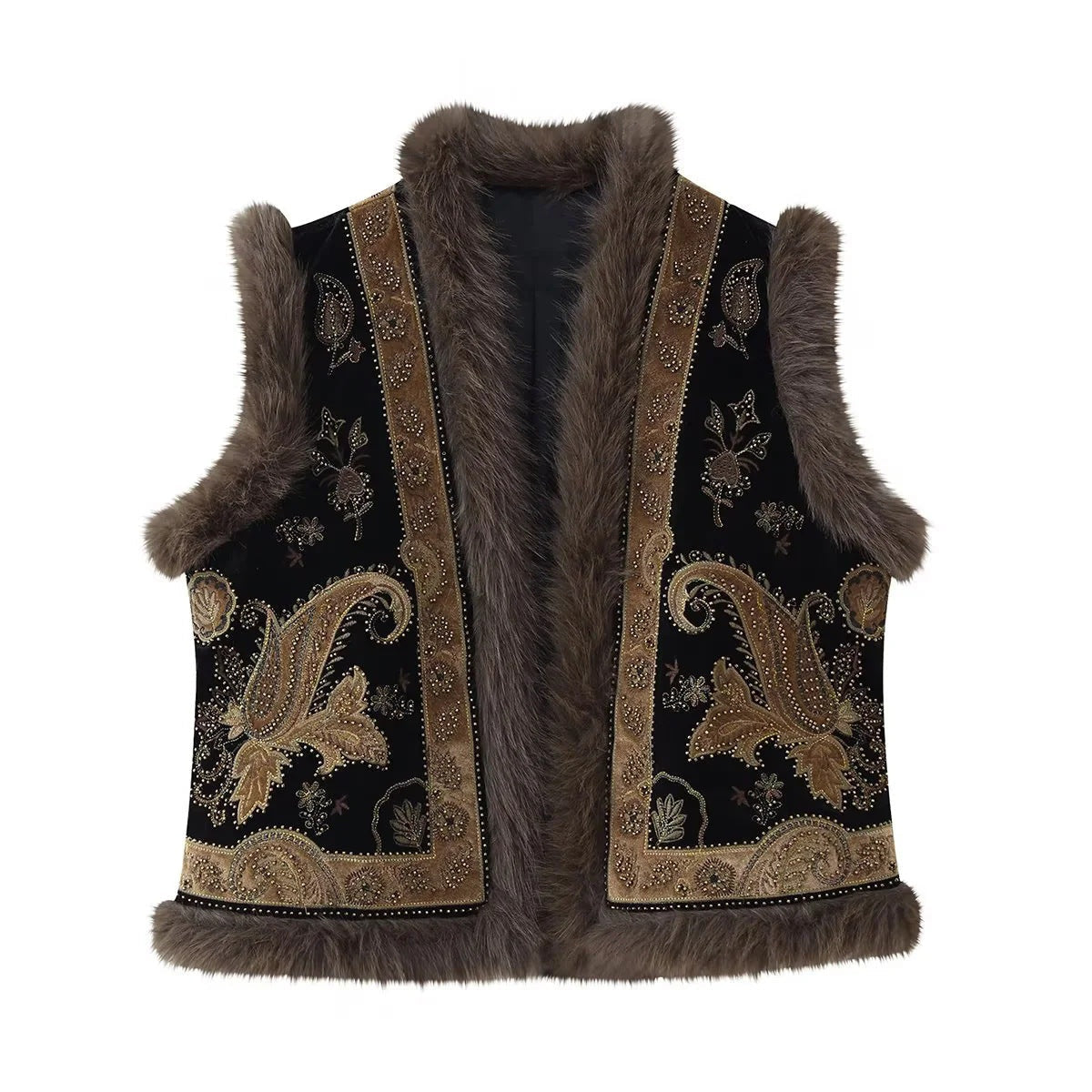 Fluwelen Gilet Dames | Geborduurd | Imitatiebont | Zwartbruin