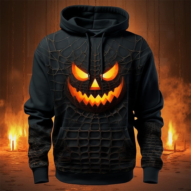 Zwarte hoodie met griezelig pompoengezicht en spinnenweb-print, op paspop | Boutique Moda