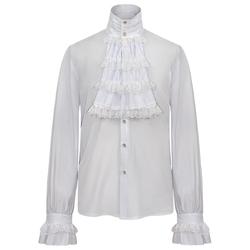 Wit ruche overhemd met kanten jabot, gedragen door een persoon, close-up | Boutique Moda