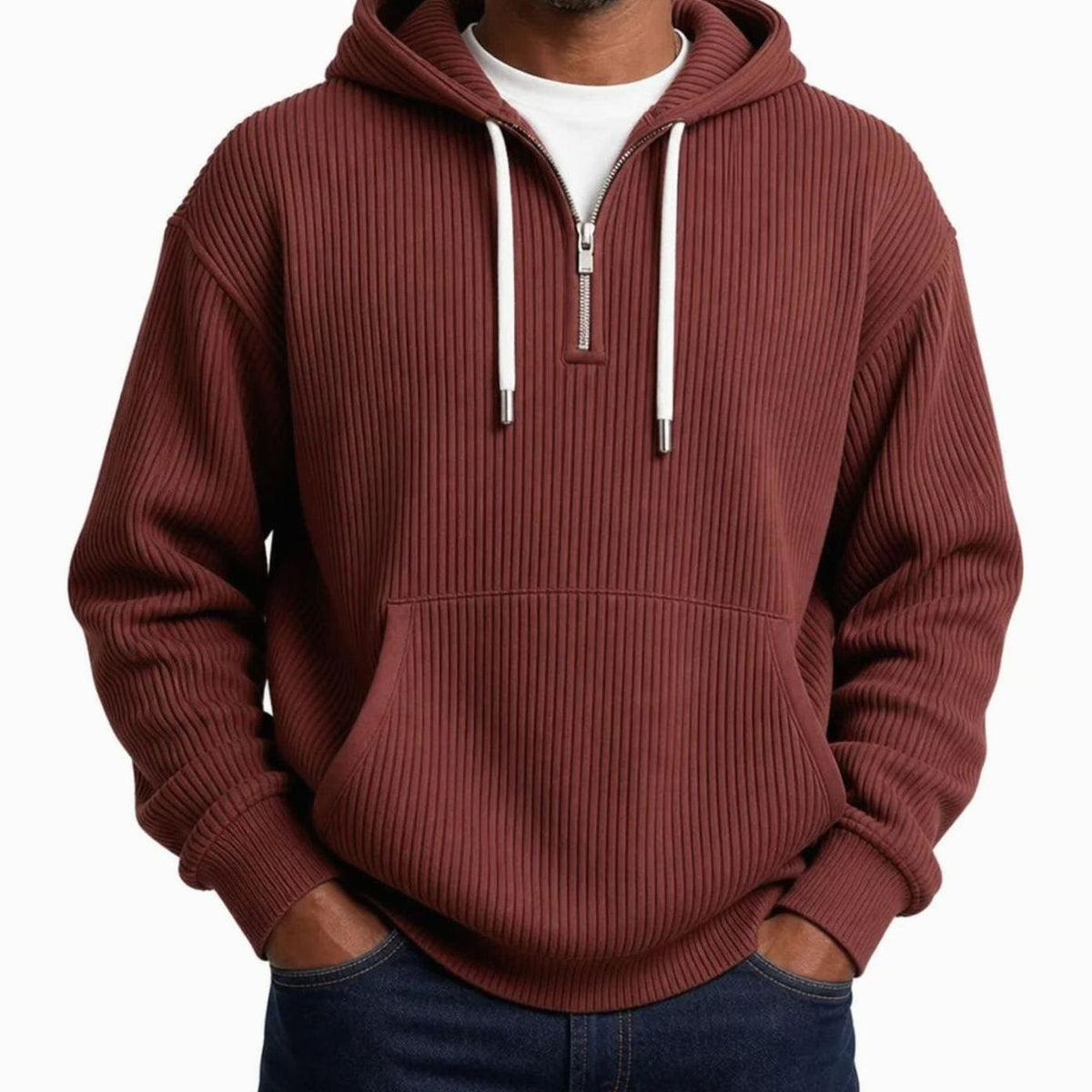 Geribde Half Zip Hoodie Heren | Witte Koorden | 6 Kleuren