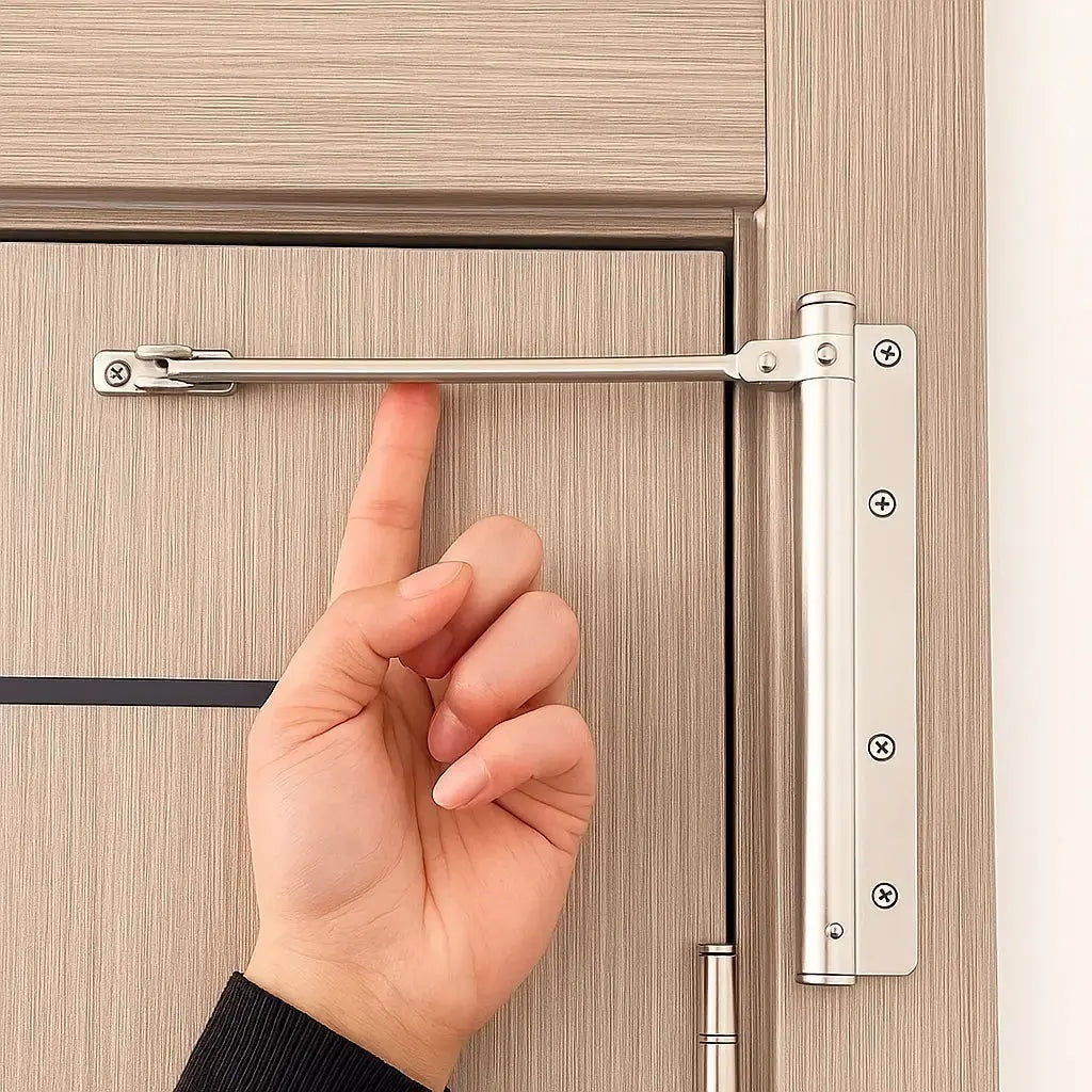 Zilverkleurige deurdranger gemonteerd op houten deur, hand wijst ernaar | Boutique Moda