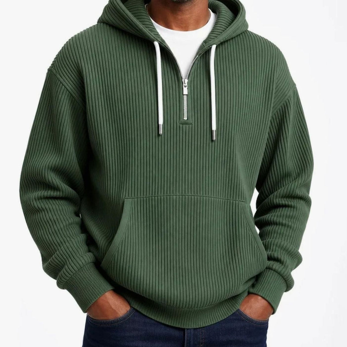 Geribde Half Zip Hoodie Heren | Witte Koorden | 6 Kleuren