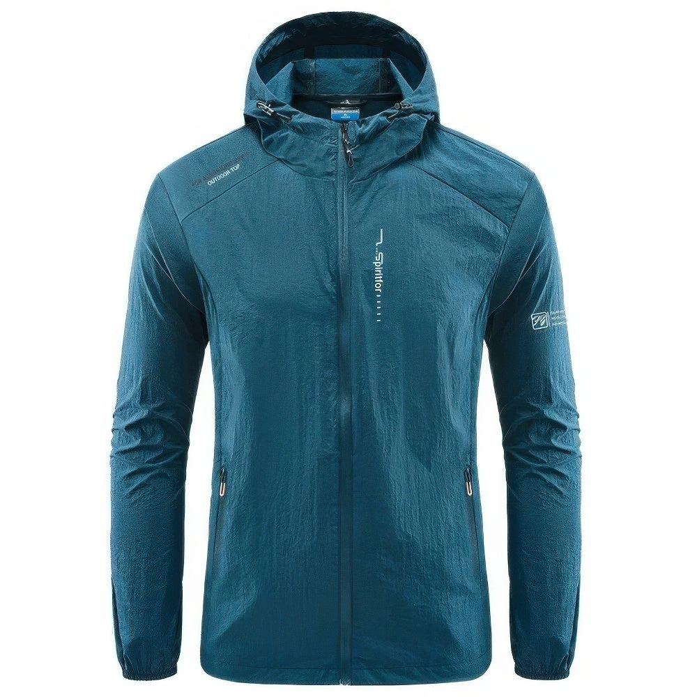 Blauwgroene outdoorjas met capuchon, rits en zakken, op onzichtbare mannequin | Boutique Moda
