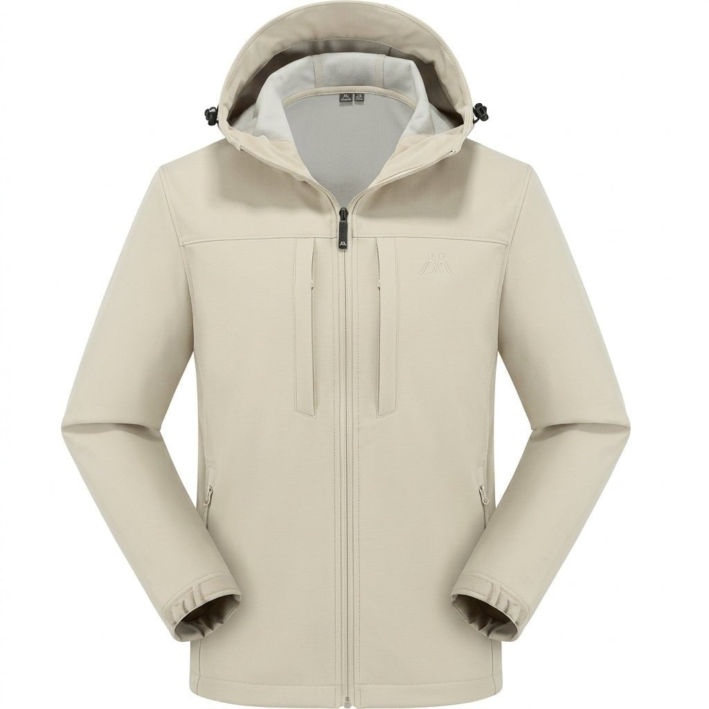 Beige softshell jas met capuchon en rits, model op onzichtbare paspop | Boutique Moda