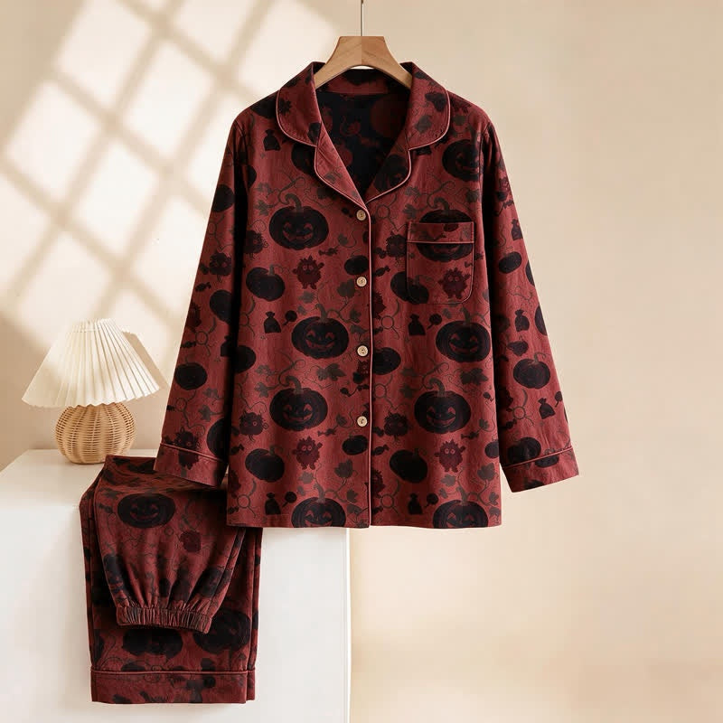 Pompoen Monster Pyjamaset Heren | Knoopsluiting | Rood met Zwart