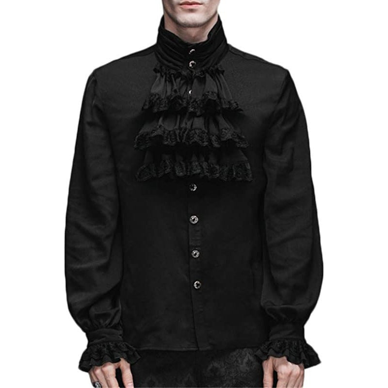 Zwart ruche overhemd met jabot kraag, gedragen door model | Boutique Moda