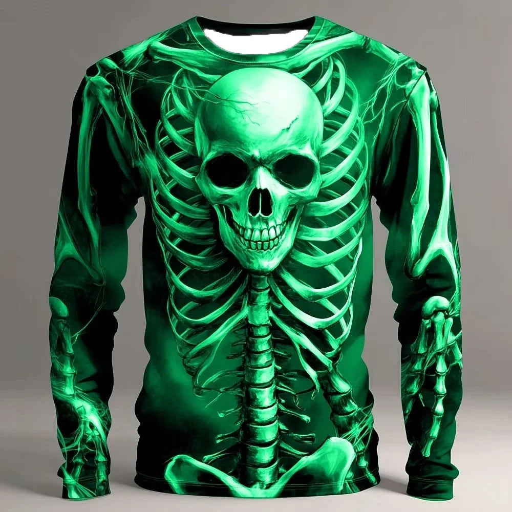 Groene longsleeve met doodskop en ribbenkast print op paspop | Boutique Moda