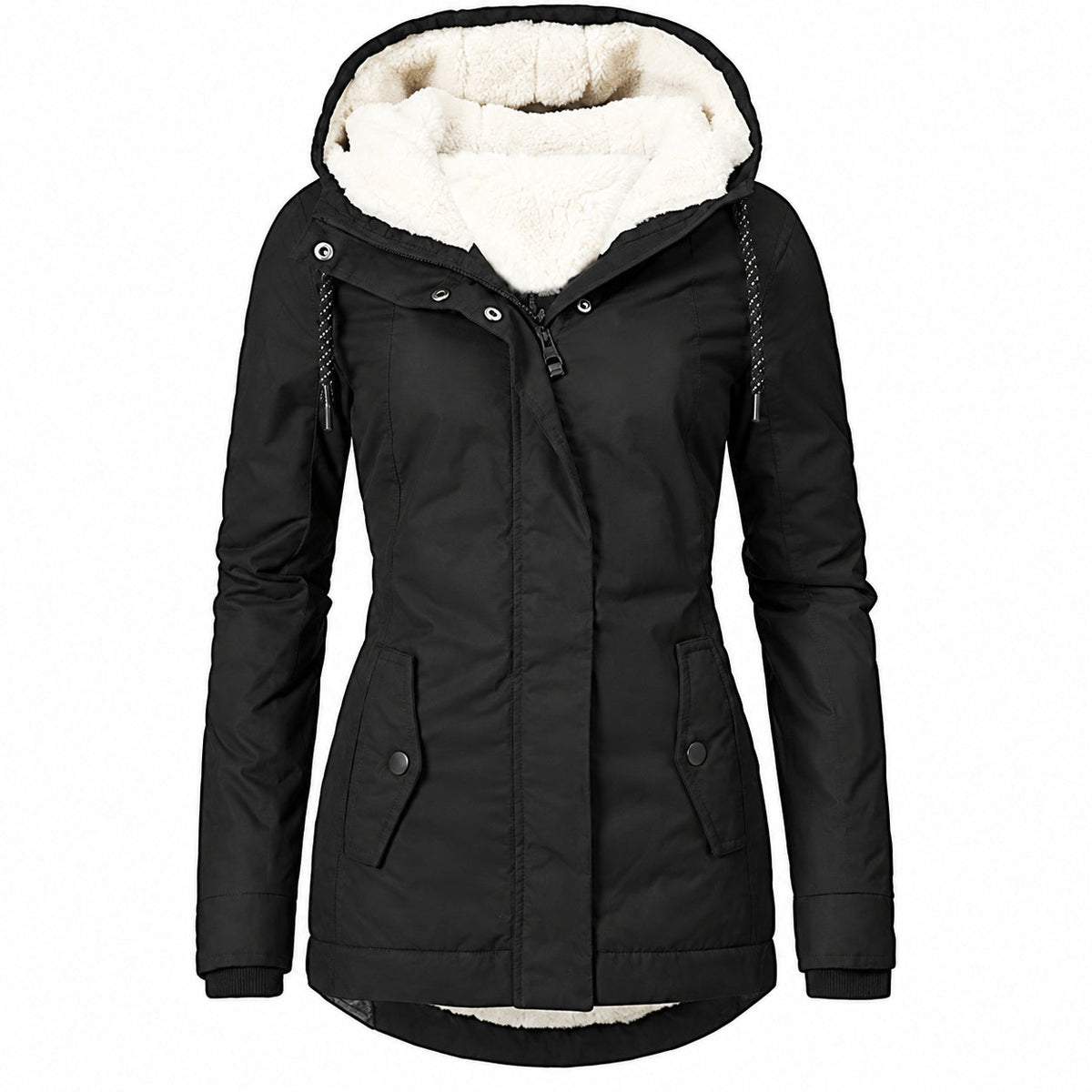 Zwarte winterjas met capuchon en teddyvoering, los liggend getoond | Boutique Moda