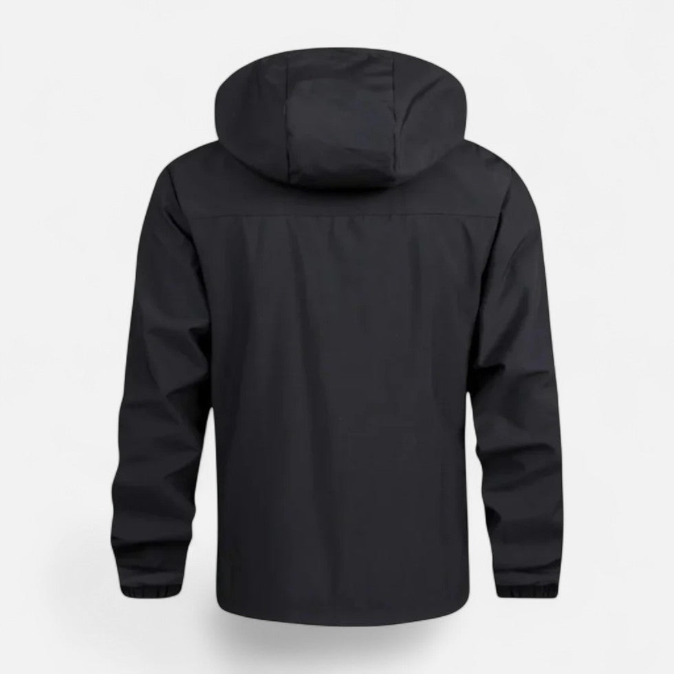Zwarte windbreaker met capuchon, achteraanzicht, op onzichtbare mannequin getoond | Boutique Moda