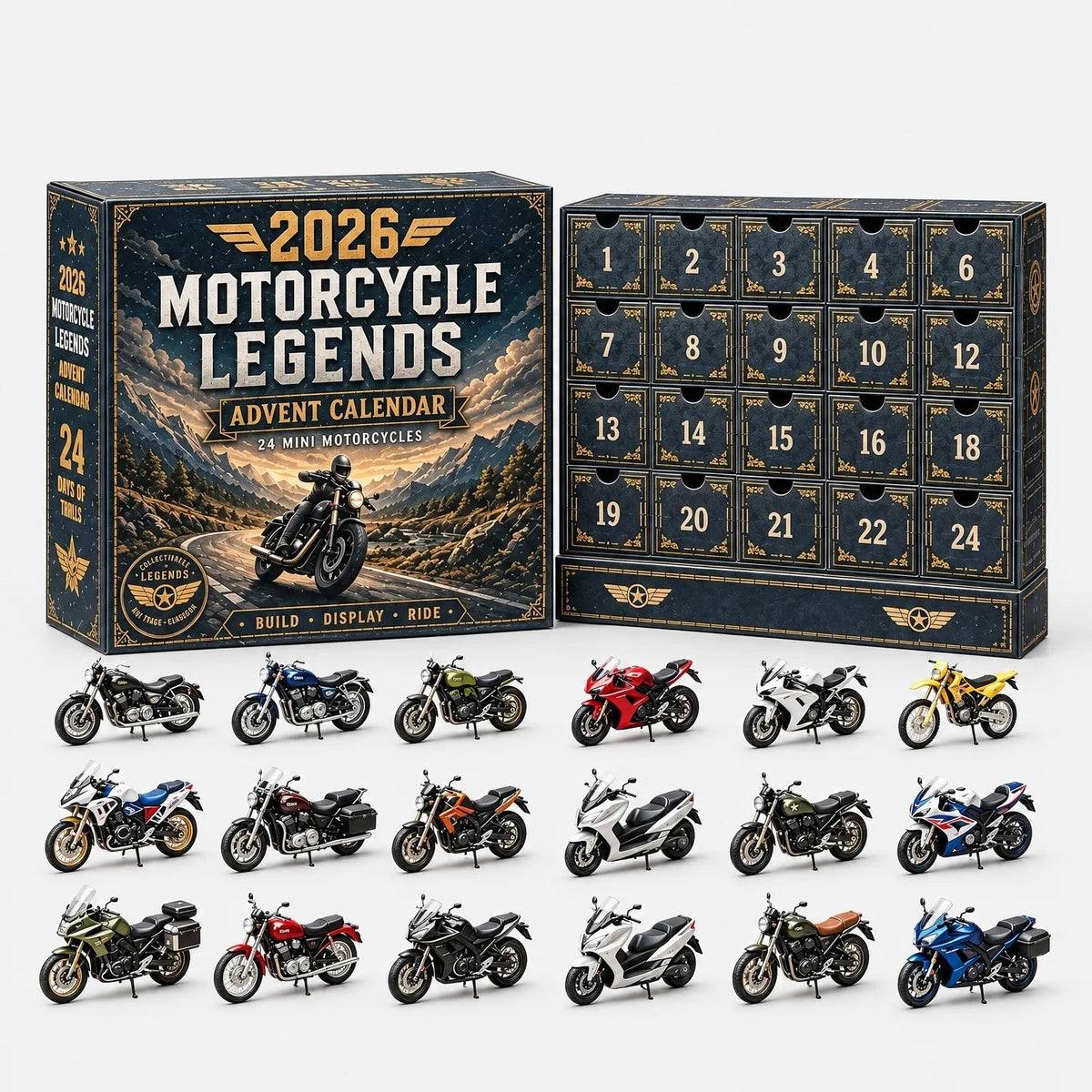 Adventskalender doos met 24 genummerde vakjes en diverse miniatuur motoren | Boutique Moda