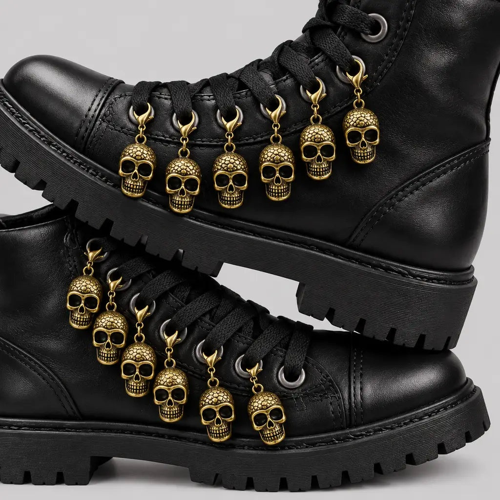 Zwarte veterlaarzen met gouden doodskop bedels aan de veters | Boutique Moda