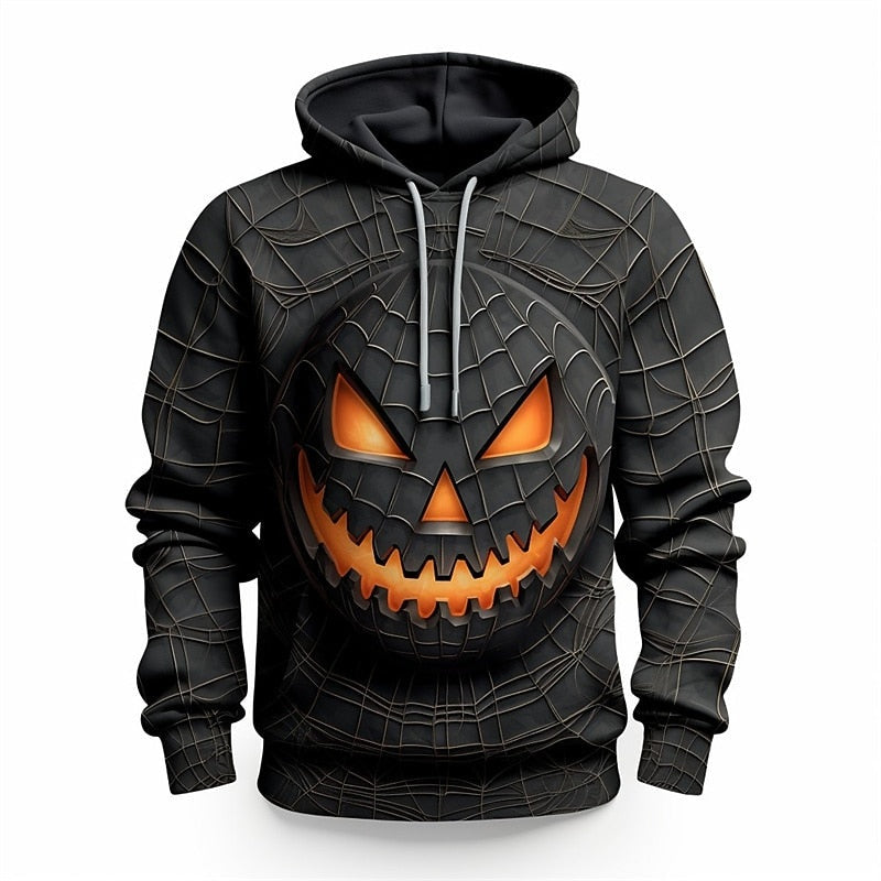 Zwarte hoodie met griezelig pompoengezicht en spinnenweb-print, gedragen door model | Boutique Moda