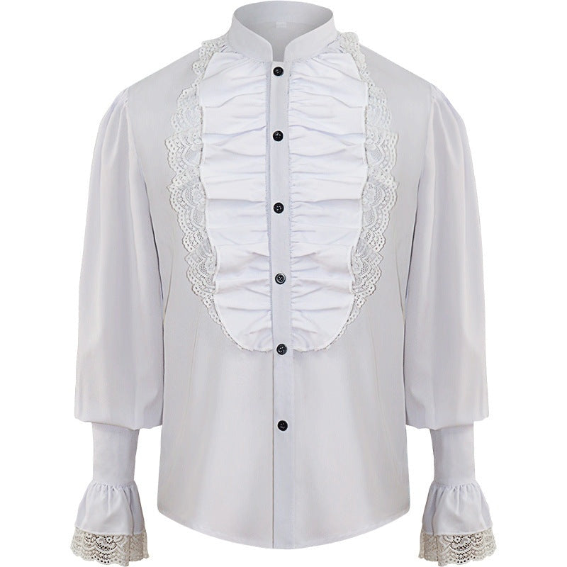 Wit overhemd met kanten jabot en pofmouwen, geplooide details | Boutique Moda