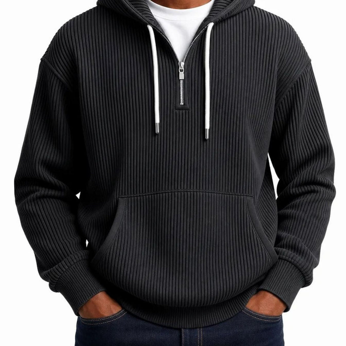Geribde Half Zip Hoodie Heren | Witte Koorden | 6 Kleuren