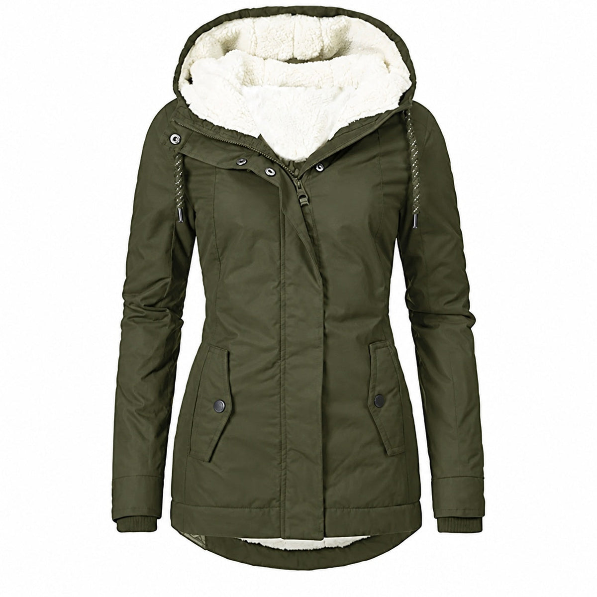Groene winterjas met capuchon en teddy voering, ongedragen productfoto | Boutique Moda