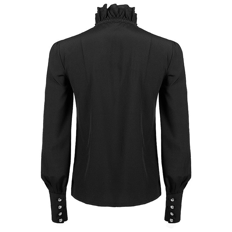 Zwart overhemd met ruchekraag en manchetknopen, achteraanzicht op paspop | Boutique Moda
