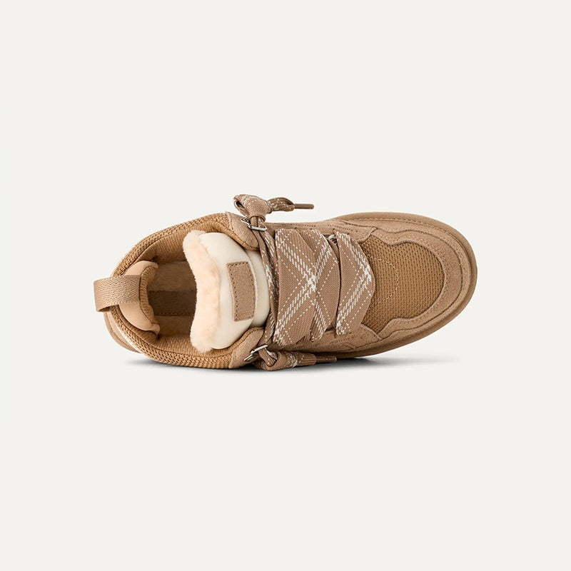 Beige gevoerde plateau sneaker met plaid print, bovenaanzicht, losliggend getoond | Boutique Moda