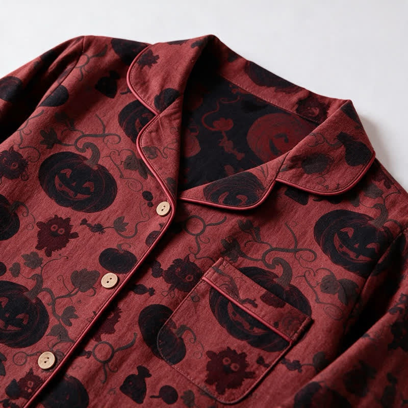 Pompoen Monster Pyjamaset Heren | Knoopsluiting | Rood met Zwart