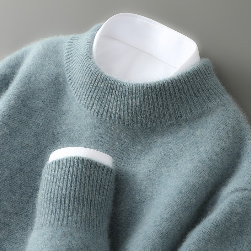 Mintgroene gebreide trui met opstaande kraag, close-up detail gedragen op mannequin | Boutique Moda