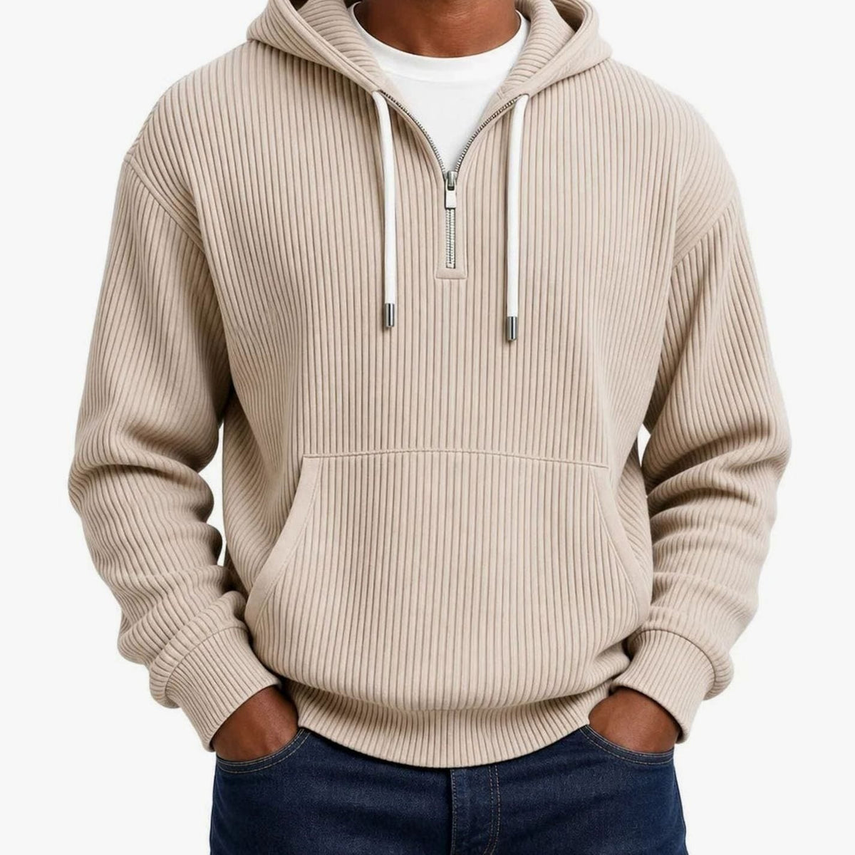 Geribde Half Zip Hoodie Heren | Witte Koorden | 6 Kleuren