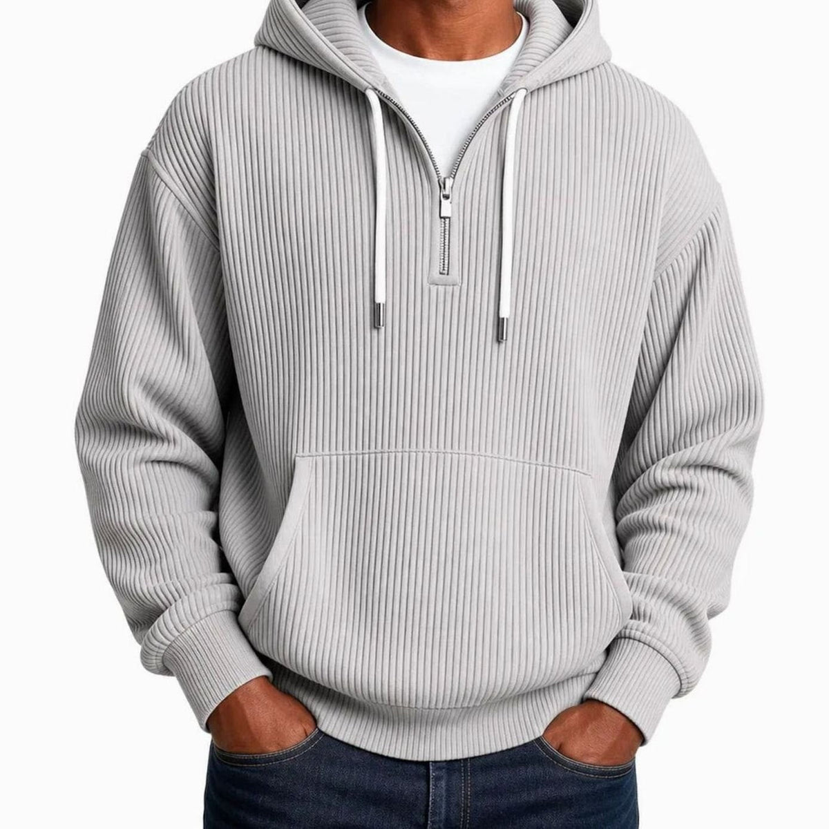 Geribde Half Zip Hoodie Heren | Witte Koorden | 6 Kleuren