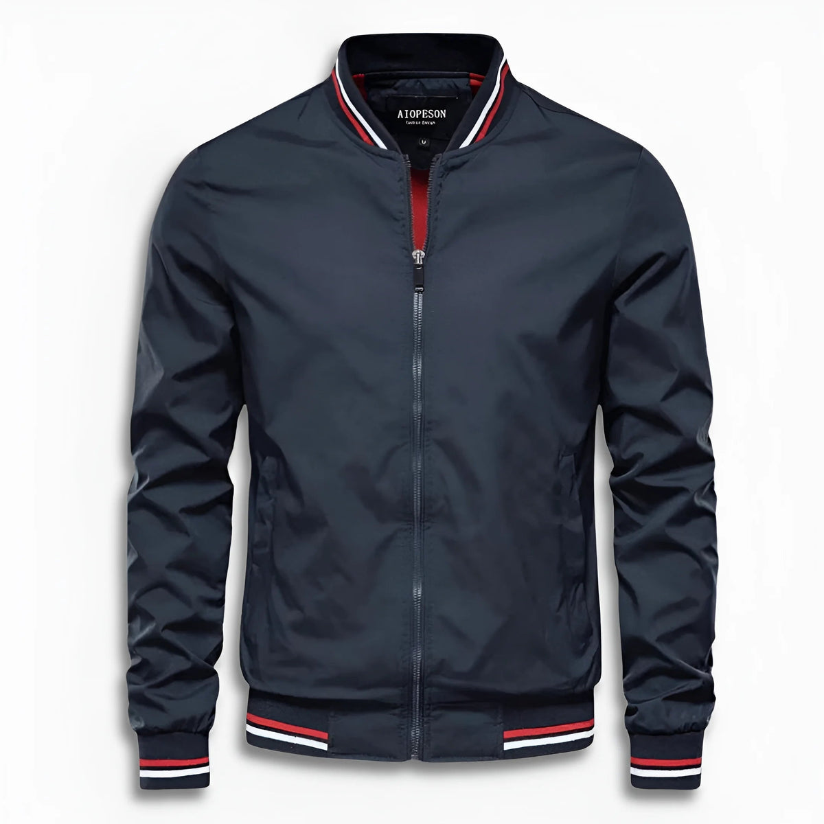 Donkerblauw bomberjack met rood-witte streepboorden en opstaande kraag, liggend uitgespreid | Boutique Moda