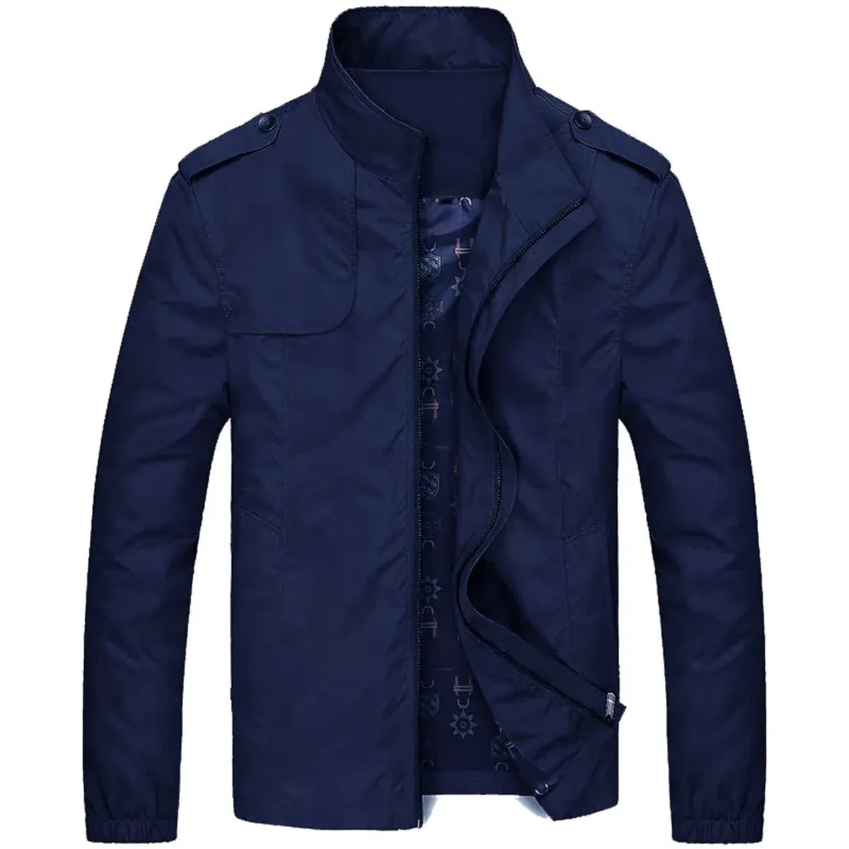 Marineblauwe jas met opstaande kraag, schouderstukken en geprinte voering, uitgelicht | Boutique Moda