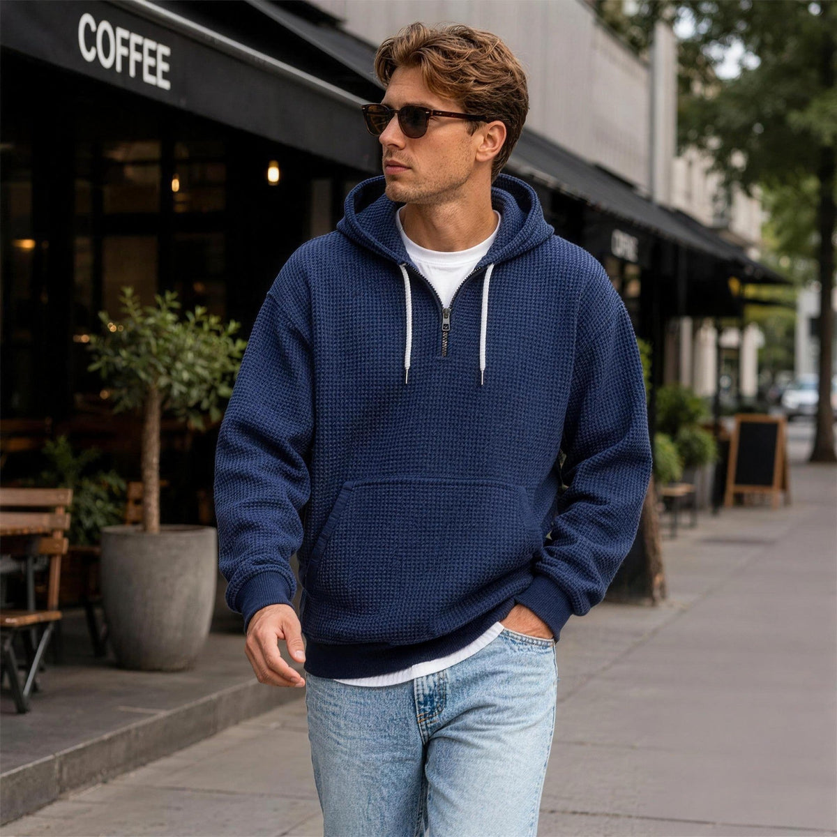 Wafelhoodie Heren | Korte Rits | Buidelzak