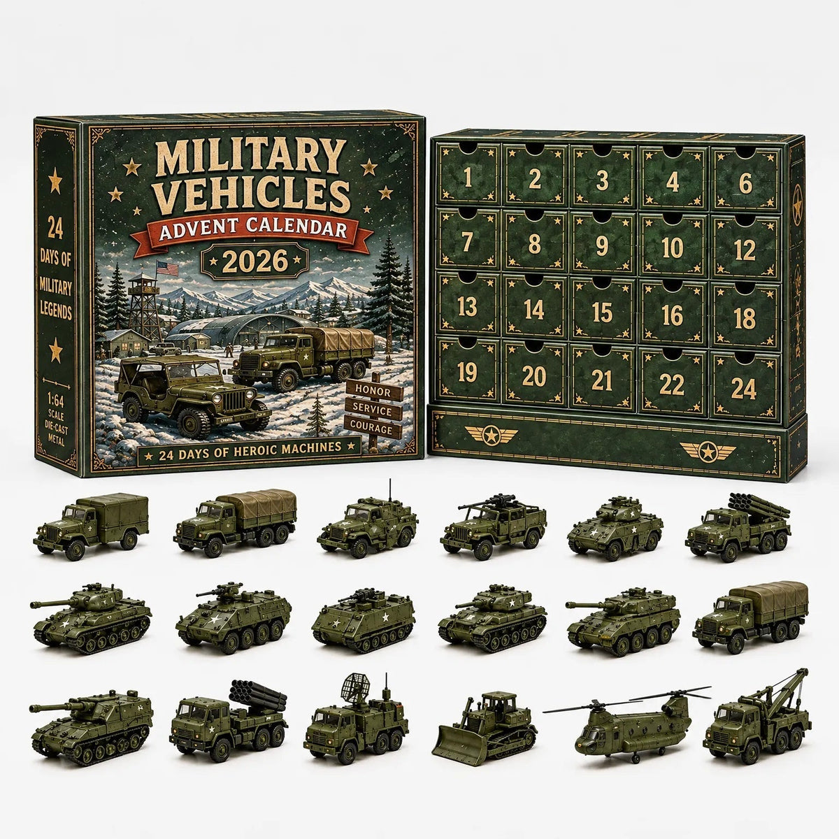 Groene adventskalender met 24 vakjes en legervoertuigen miniaturen ernaast uitgestald | Boutique Moda