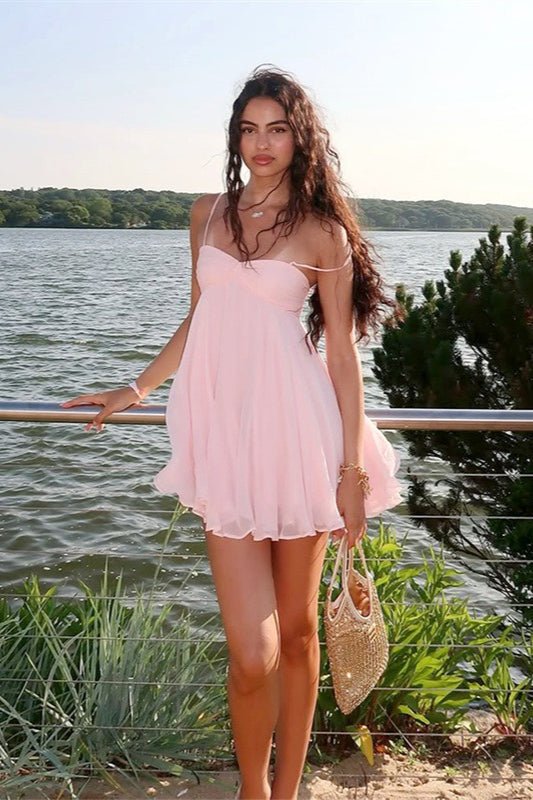 Mini Jurk Dames | Chiffon | Spaghettibandjes | Ruches-Boutique Moda