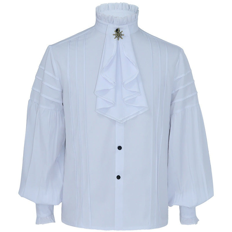 Wit Victoriaans overhemd met jabot, geplooide details en lange pofmouwen | Boutique Moda