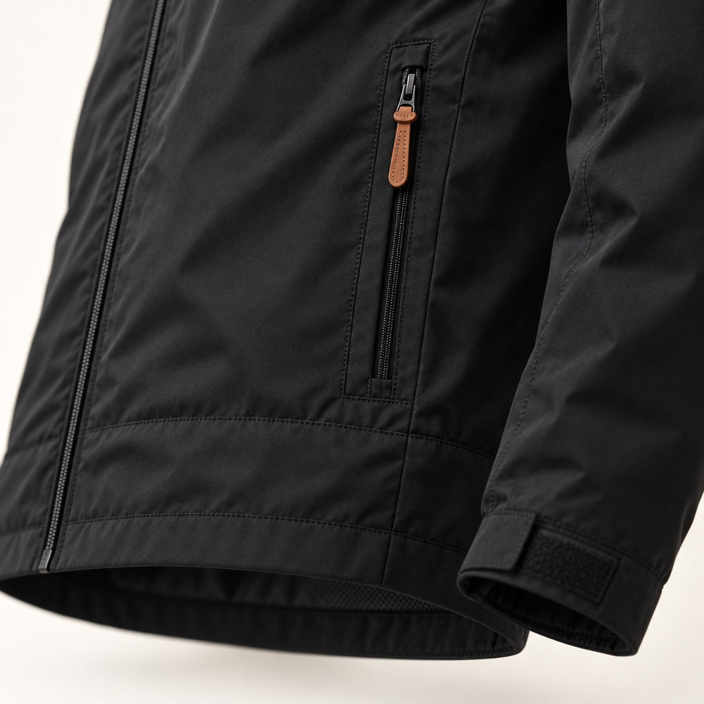 Zwarte outdoorjas met borstzak en klittenband, close-up detail gedragen door persoon | Boutique Moda
