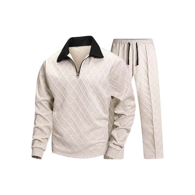Halfzip Loungeset Heren | Ruitstructuur | Crème
