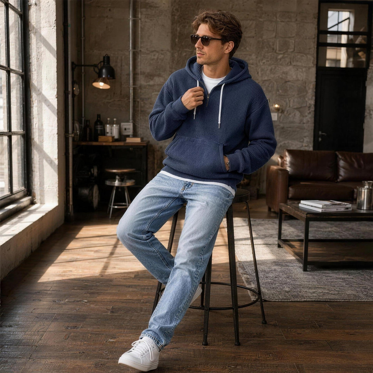 Wafelhoodie Heren | Korte Rits | Buidelzak