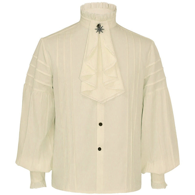 Crème kleurig geplooid overhemd met jabot kraag en pofmouwen, mannequin | Boutique Moda