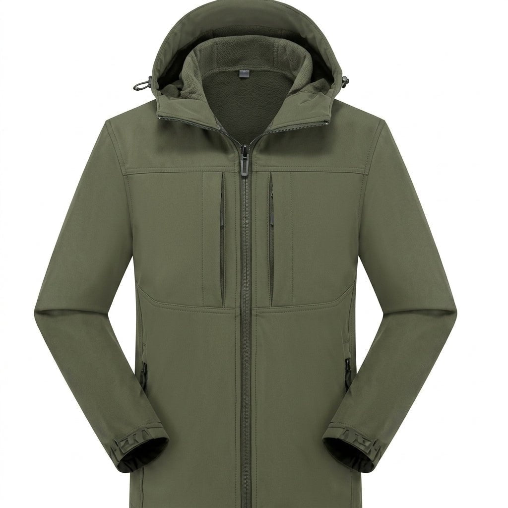 Groene softshell jas met capuchon en ritszakken, gedragen door een persoon | Boutique Moda