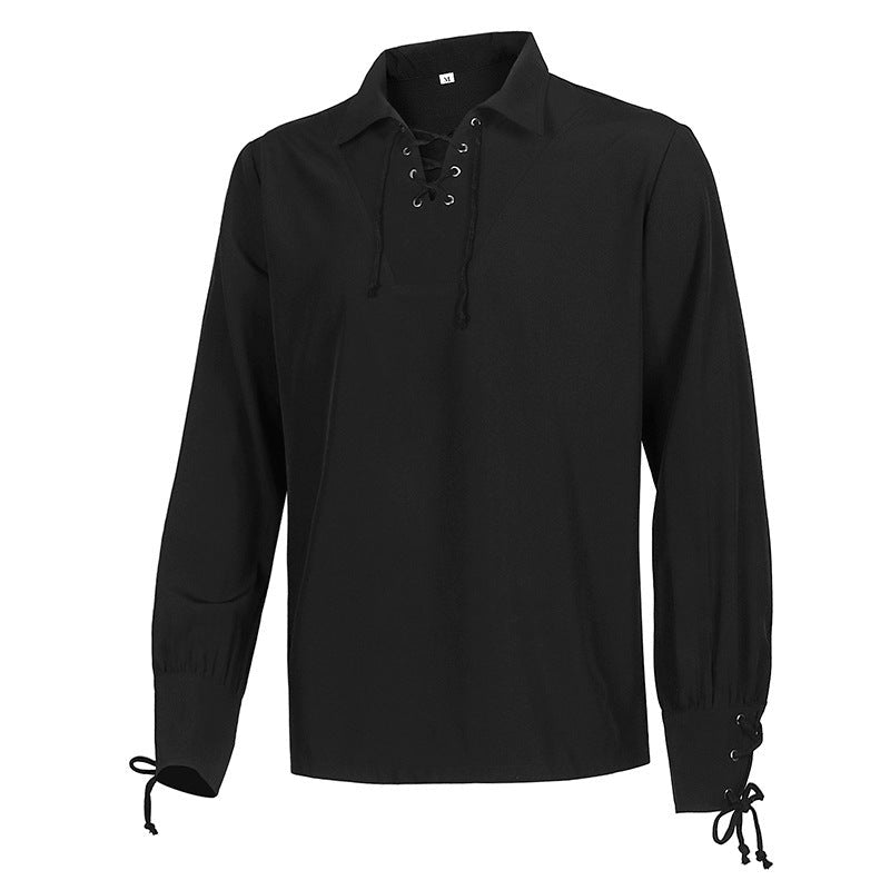 Zwart middeleeuws overhemd met vetersluiting en lange mouwen, op onzichtbare mannequin | Boutique Moda