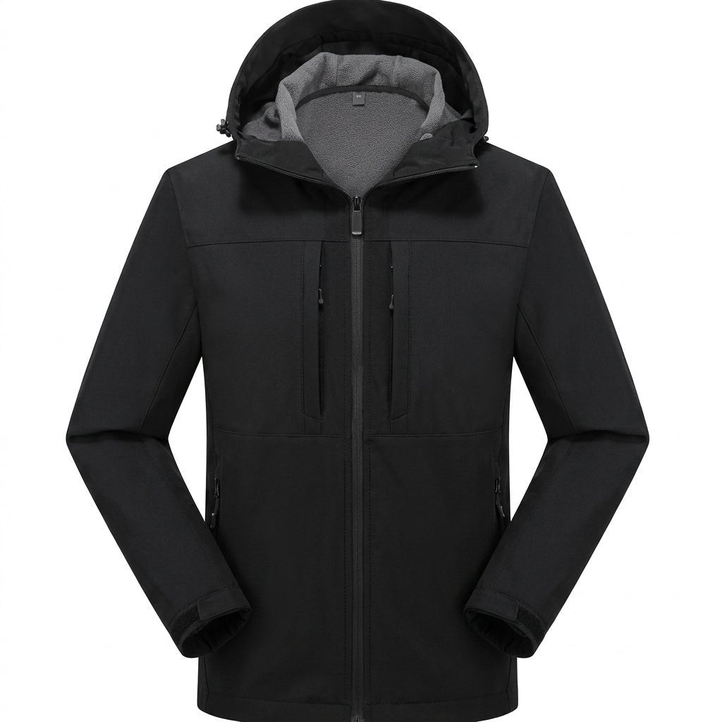 Zwarte softshell jas met capuchon, geritst, op onzichtbare paspop getoond | Boutique Moda