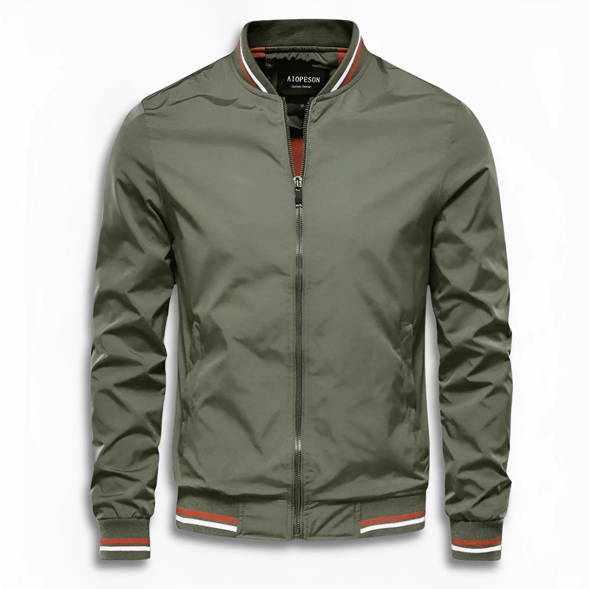 Groen bomberjack met gestreepte boorden en opstaande kraag, platweergave | Boutique Moda