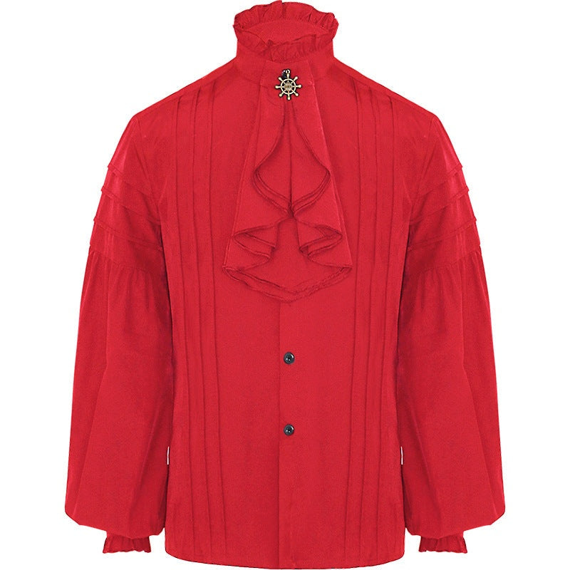 Rood ruchesoverhemd met jabot en sierknoop, uitgestald op paspop | Boutique Moda