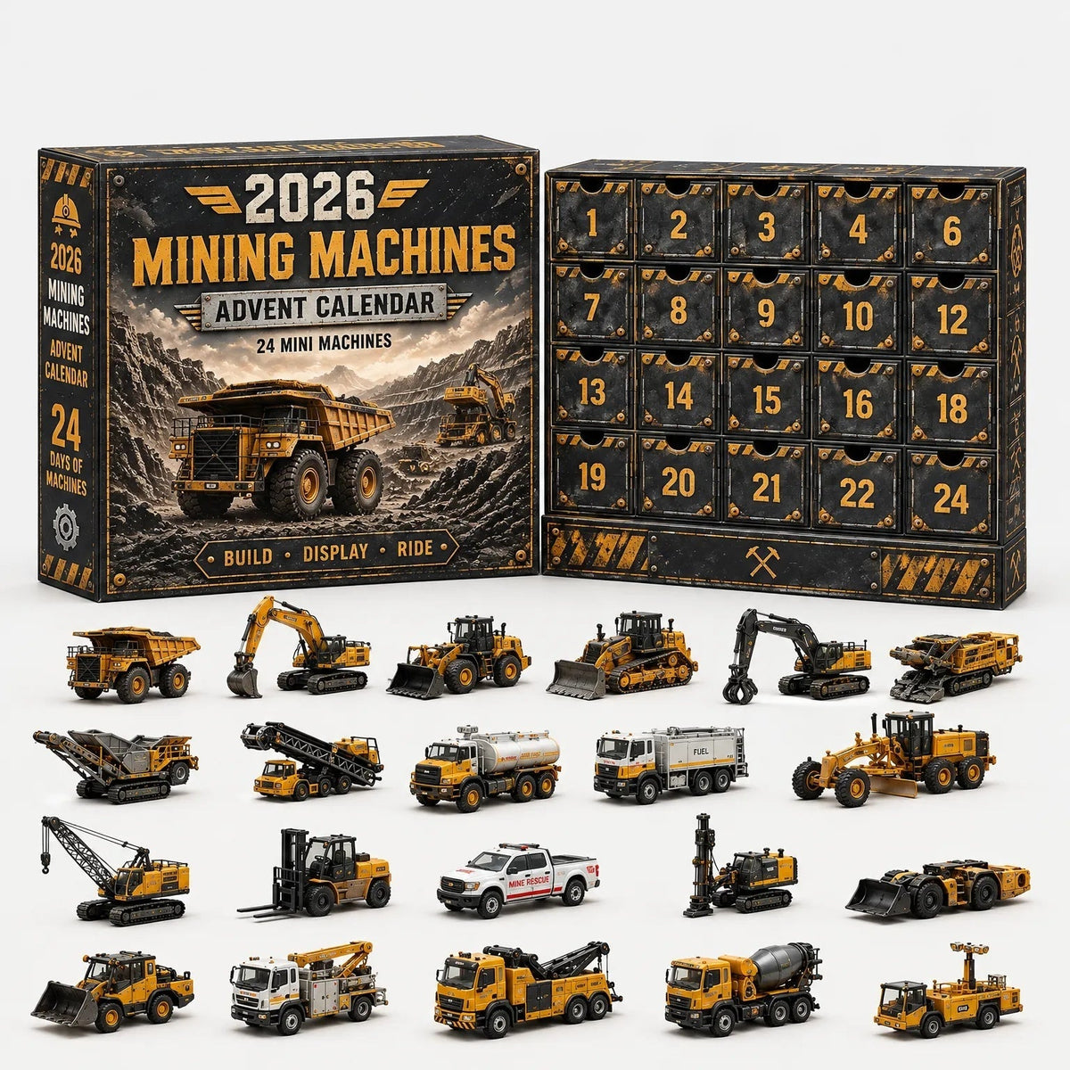 Adventskalender met 24 laadjes en miniatuur bouwvoertuigen eromheen uitgestald | Boutique Moda