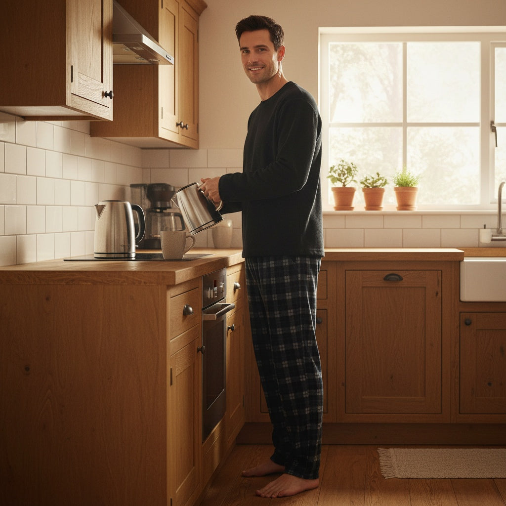 Fleece Pyjama Heren met Geruite Broek | Zwart