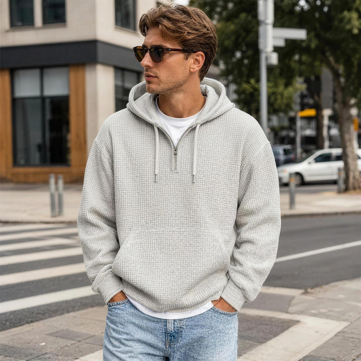 Wafelhoodie Heren | Korte Rits | Buidelzak