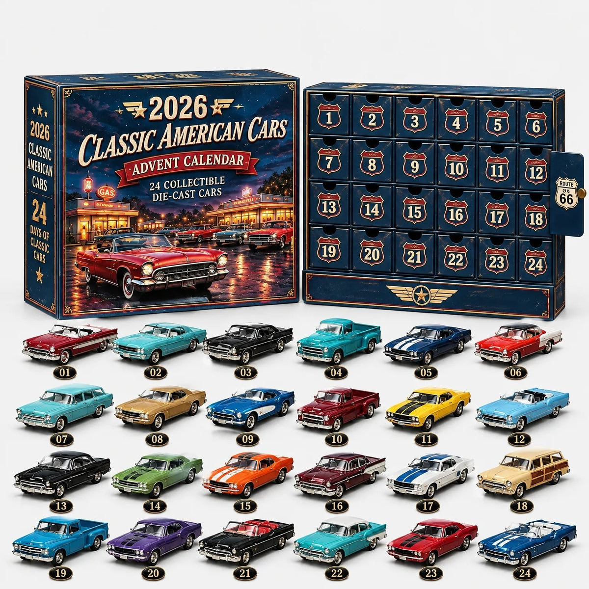Adventskalender met 24 vakjes en miniatuur Amerikaanse klassieke auto's | Boutique Moda
